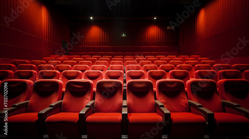 Empty red seats cinema rows seats. Movie night concept. Movie theatre experience.  photo