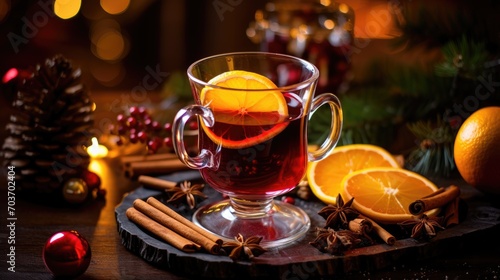 A glass of hot mulled wine with orange and spices on the table with winter decorations.