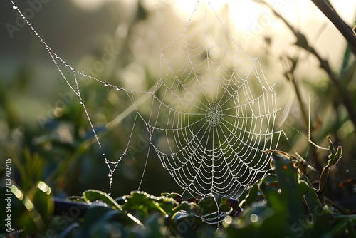 Spider web with dew, intricate, delicate, morning.