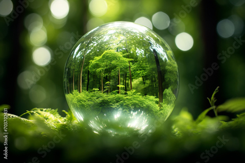 Globe Glass with CO2 icons In Green Forest With Sunlight, Reduction of carbon emissions 