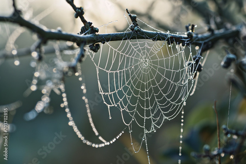 Spider web with dew, intricate, delicate, morning.