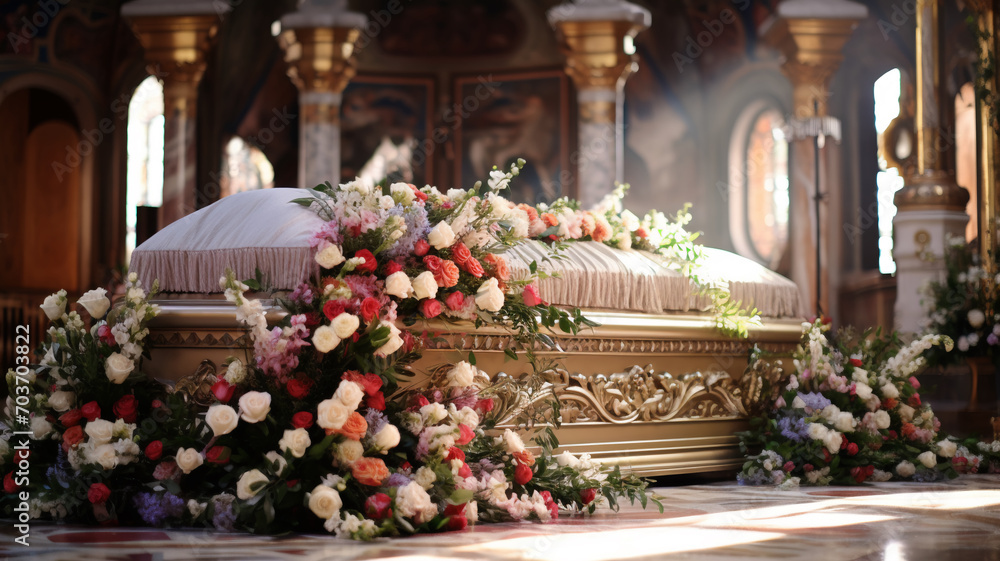 Funeral white wooden handmade coffin church cathedral service floral decoration white flowers bouquets