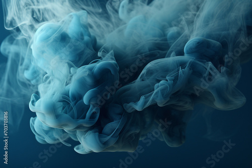 Graphic resources of blue smoke, mist, cloud or dye, paint floating in water or levitating in air. Abstract, minimalist and surreal blank background with copy space
