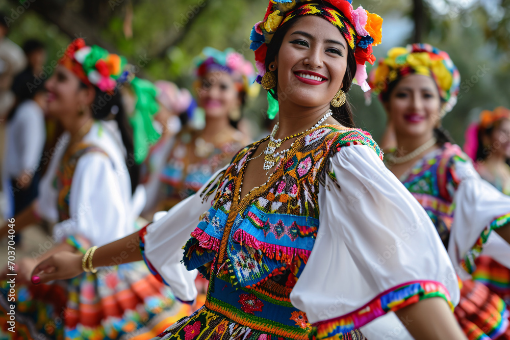 A young woman dressed in folklore clothes and dancing with other women.