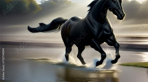 水の上を走る黒い馬｜black horse running on water