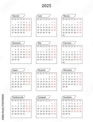 2025 calendar minimalist on polish language with polish holidays.  Poland calendar. Week starts from Monday. Vector graphic.	