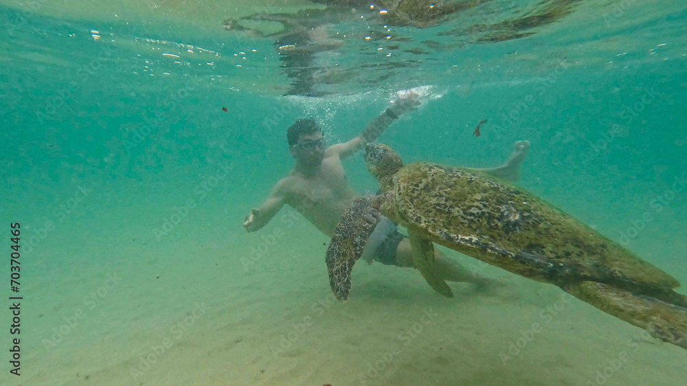 Naklejka premium young man with wild turtle in Sri Lanka