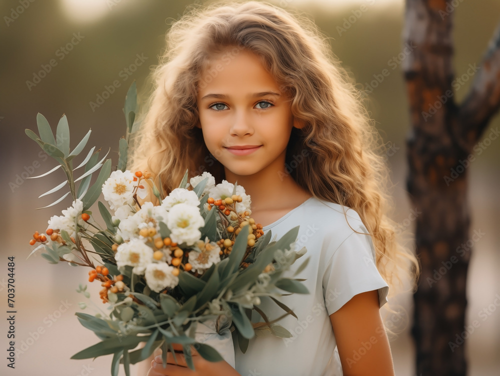 Beautiful girl with a bouquet of wild flowers close-up. Spring or summer concept Beautiful girl with a bouquet of wild flowers close-up. Spring or summer concept