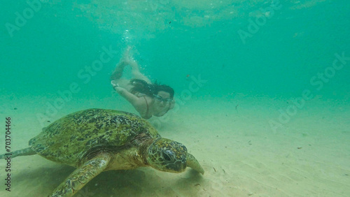 young woman with wild turtle in Sri Lanka