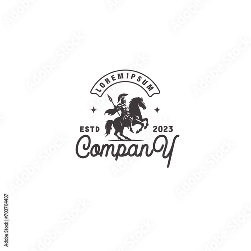 Spartan Knight riding a horse vintage badge logo design vector illustration