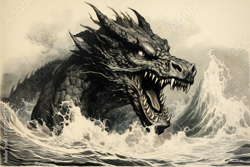Sea monster serpent, engraved style art. Generative AI image.