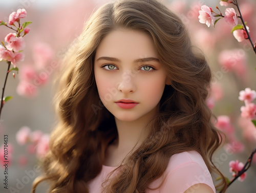 Close-up of a beautiful girl against the background of blooming sakura. Spring concept © Artem81