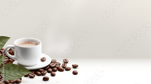 Photo cup of coffee and bean on white table background  with copy space  generative ai