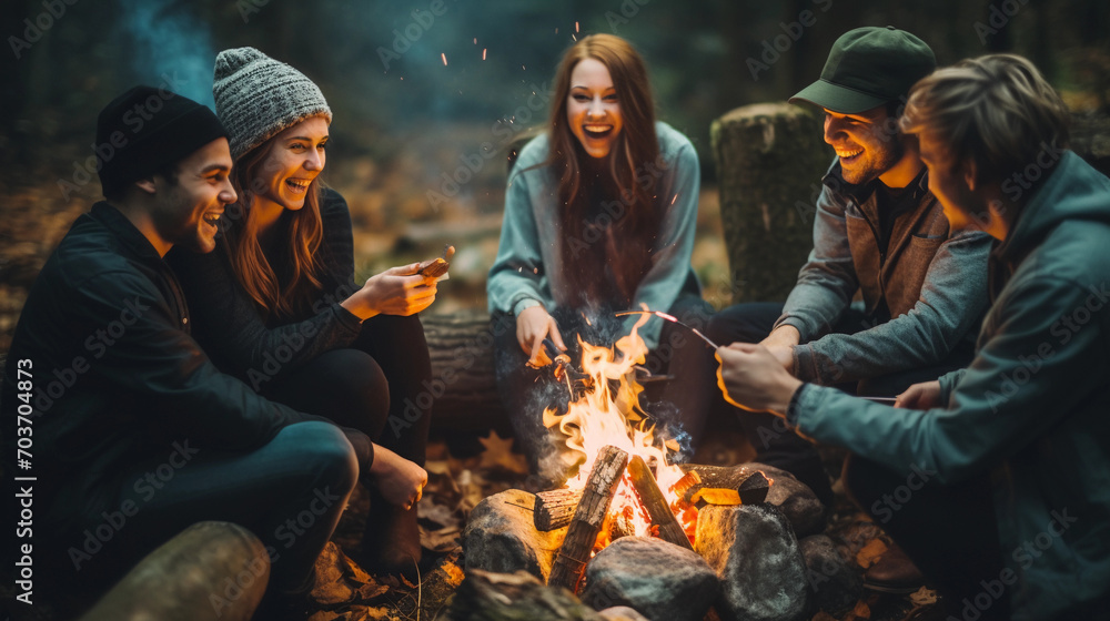 Joyous group of millennials laughing and bonding around a campfire, embodying friendship and fun during a wilderness camping adventure  - obrazy, fototapety, plakaty 