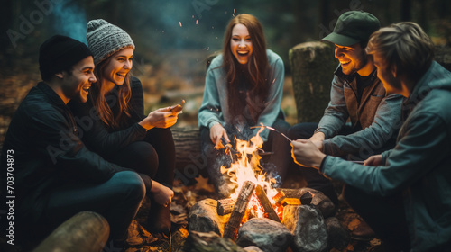 Joyous group of millennials laughing and bonding around a campfire, embodying friendship and fun during a wilderness camping adventure  photo