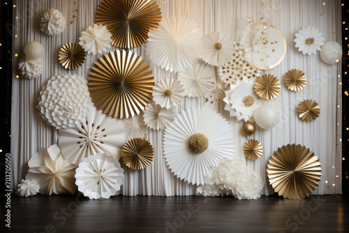 Luxurious backdrop curtain with arrangements and gold decor. Photo-wall decoration for celebrate, wedding, birthday, holiday, graduation party. Beautiful decorative celebration concept. Generative AI