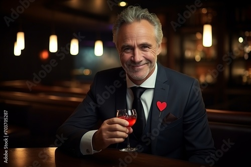 Portrait of a senior man holding a glass of red wine in a bar