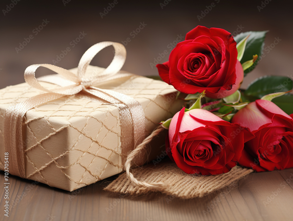Valentine's Day gift, a box with a bow and roses close-up. 14 February concept Valentine's Day gift, a box with a bow and roses close-up. 14 February concept