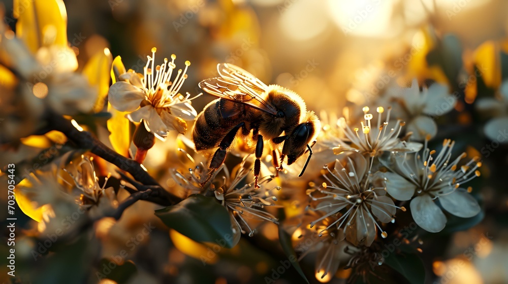 Bee pollinates flowers in the garden at sunset. Bee pollinates flowers. - obrazy, fototapety, plakaty 