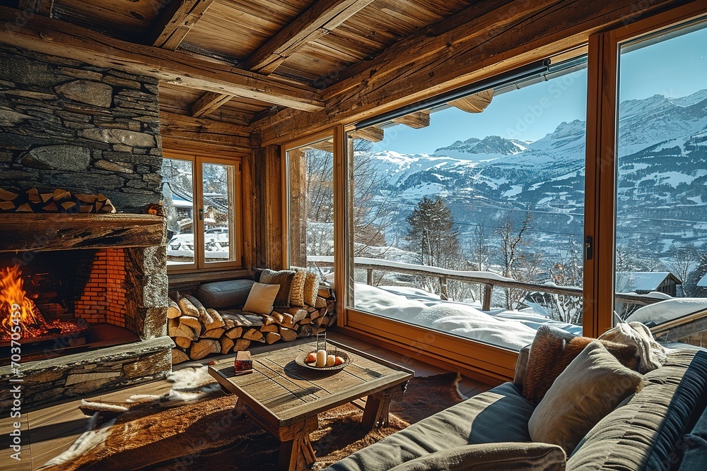 Cheminée dans l'intérieur d'un chalet de luxe en hiver avec vue sur la montagne et la neige.