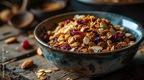 Healthy breakfast with granola and dried cranberries, selective focus