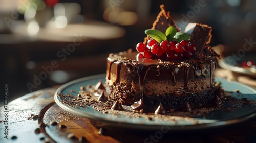 Chocolate cake with red currant and chocolate syrup on a dark background
