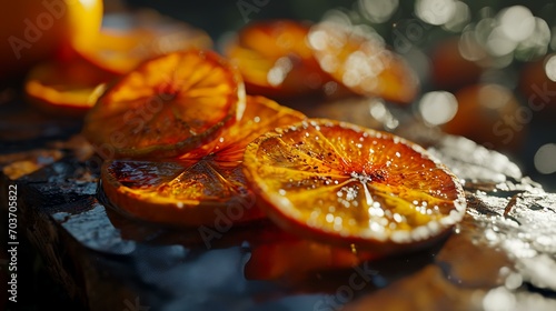 Slices of dried orange on a dark background. Selective focus.