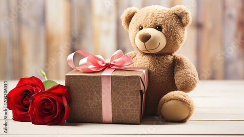 Valentine's Day gift, a box with a bow, roses and teddy-bear close-up. 14 February concept