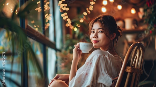 Happy asian woman relaxing drinking hot coffee or tea in holiday morning vacation on armchair at home, Cosy scene, Smiling pretty woman drinking hot tea in autumn winter photo