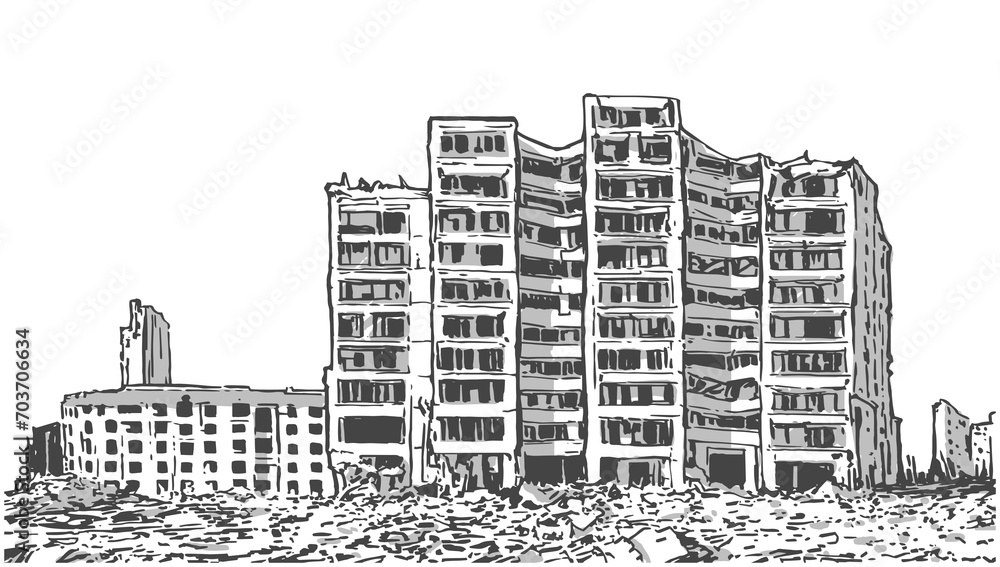 Comic book style illustration of damaged apartment block in black and white