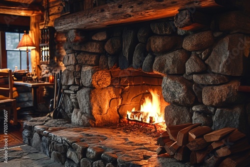 A warm fire in the stone fireplace on a cold night
