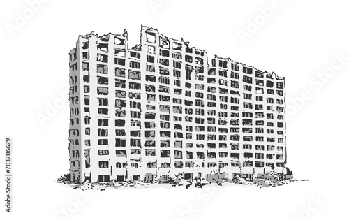 Comic book style illustration of damaged apartment block in black and white