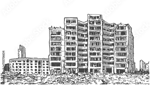 Comic book style illustration of damaged apartment block in black and white