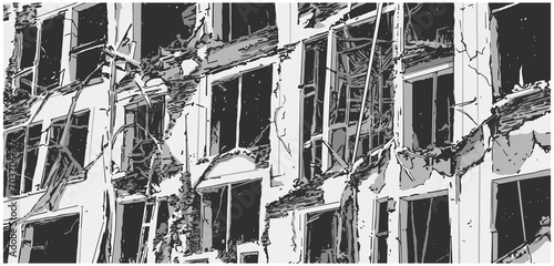 Comic book style illustration of damaged building in black and white photo