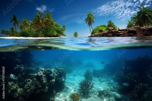 Tropical island with palms and underwater corals and fish. Tropical vacation 