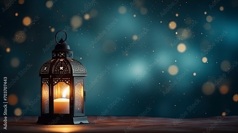 Arabic Lantern With Glowing Light Burning Candle on Night Sky Background on left, empty space on right, copy space - generative ai Arabic Lantern With Glowing Light Burning Candle on Night Sky Background on left, empty space on right, copy space - generative ai