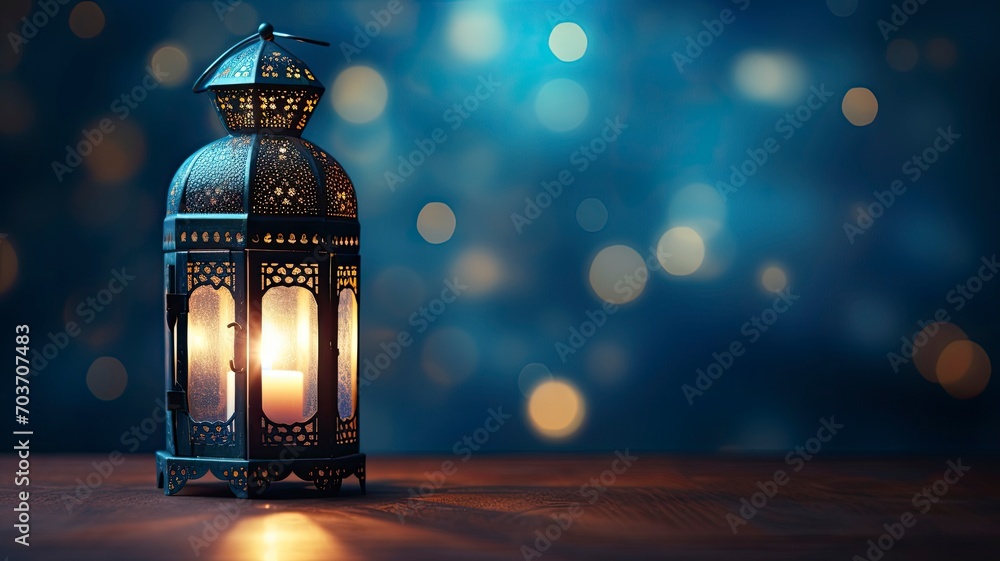 Arabic Lantern With Glowing Light Burning Candle on Night Sky Background on left, empty space on right, copy space - generative ai - obrazy, fototapety, plakaty 