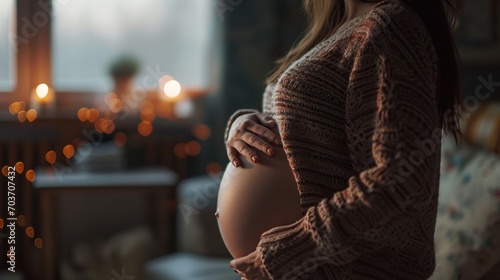 Pregnant woman in a homely setting, cradling her baby bump with a tender glow.