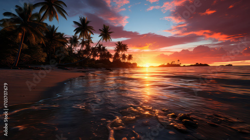 Island Haven, A Deserted Tropical Paradise Glows in the Serene Hues of Sunset.