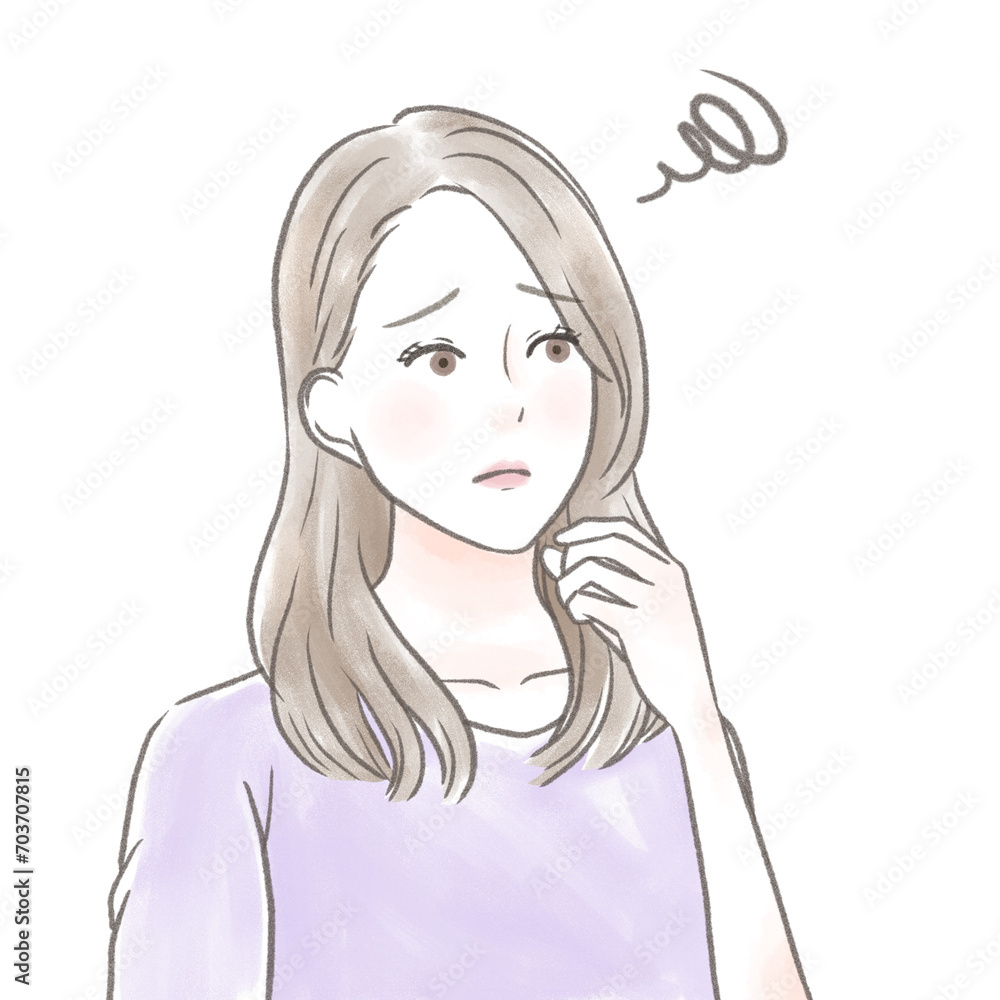 遠くを見て困った顔をしている主婦 遠くを見て困った顔をしている主婦