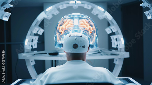 Male undergoing brain scan with scanning helmet in lab With copyspace for text 