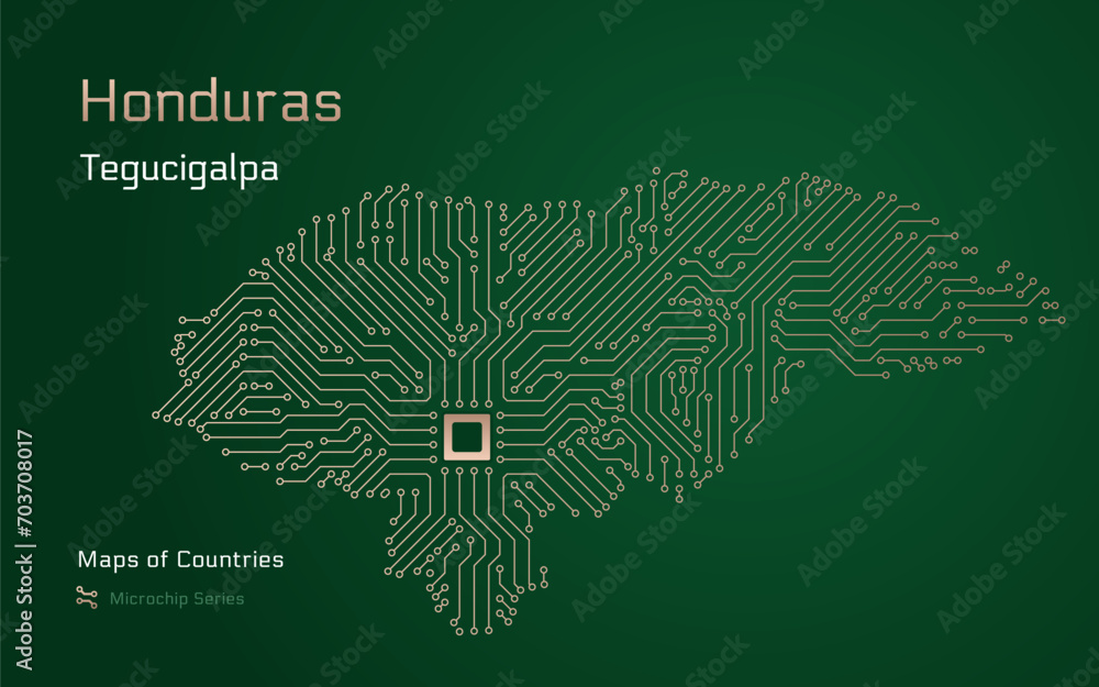 Naklejka premium Honduras Map with a capital of Tegucigalpa Shown in a Microchip Pattern. E-government. World Countries vector maps. Microchip Series 