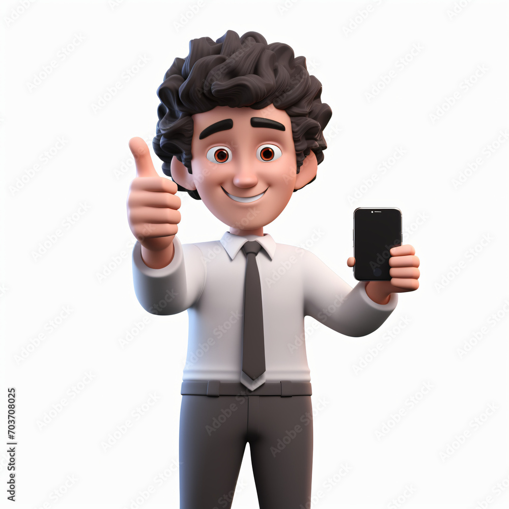 Nigerian business man having curly hair showing mobile screen in 3D character and background White color Nigerian business man having curly hair showing mobile screen in 3D character and background White color