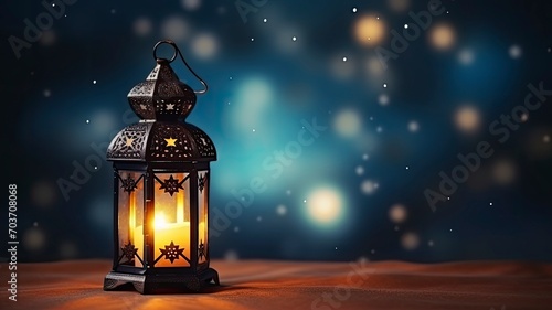 Arabic Lantern With Glowing Light Burning Candle on Night Sky Background on left  empty space on right  copy space - generative ai