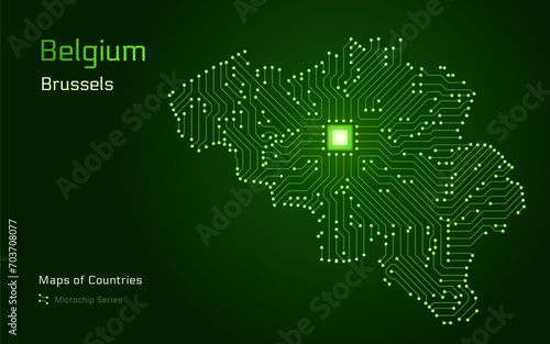 Belgium Map with a capital of Brussels Shown in a Green Glowing Microchip Pattern. E-government. World Countries vector maps. Microchip Series 