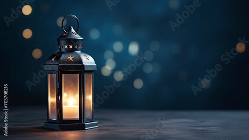 Arabic Lantern With Glowing Light Burning Candle on Night Sky Background on left, empty space on right, copy space - generative ai © Nia™