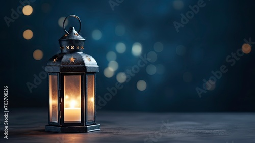 Arabic Lantern With Glowing Light Burning Candle on Night Sky Background on left, empty space on right, copy space - generative ai