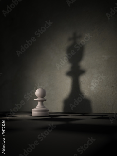 3D rendering, White chess pawn with the shadow of a king, Think Big concept.