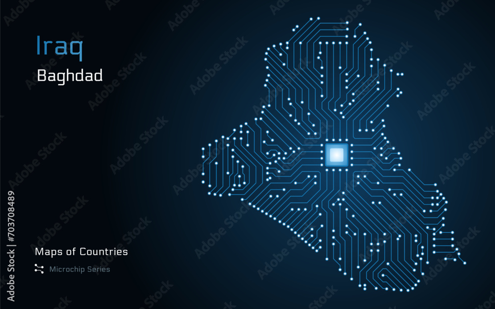 Iraq Map with a capital of Baghdad Shown in a Blue Glowing Microchip Pattern. E-government. World Countries vector maps. Microchip Series	 - obrazy, fototapety, plakaty 