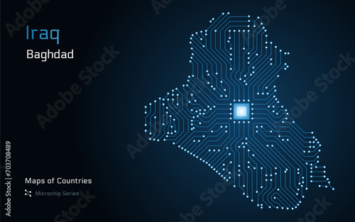 Iraq Map with a capital of Baghdad Shown in a Blue Glowing Microchip Pattern. E-government. World Countries vector maps. Microchip Series	 photo